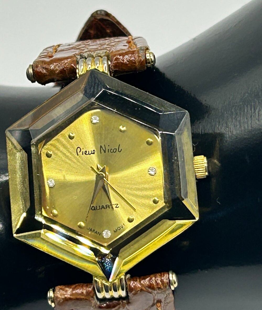 Pierre Nicol Women’s Quartz Octagon Gold Tone Watch Gold Dial Brown Leather